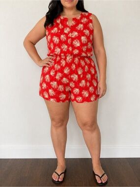Forever 21 Red and Cream Tropical Sleeveless Romper